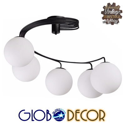 GloboStar® SELINA 01090 Μοντέρνο Φωτιστικό Οροφής Μπάλα Πολύφωτο 5 x E27 IP20 Μαύρο Μέταλλο με Λευκό Γυαλί - Μ63 x Π63 x Υ47cm