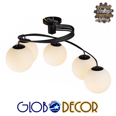 GloboStar® SELINA 01090 Μοντέρνο Φωτιστικό Οροφής Μπάλα Πολύφωτο 5 x E27 IP20 Μαύρο Μέταλλο με Λευκό Γυαλί - Μ63 x Π63 x Υ47cm