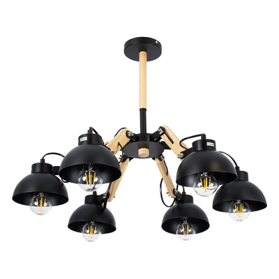 GloboStar® OLD SCHOOL 01094 Μοντέρνο Φωτιστικό Οροφής Καμπάνα Πολύφωτο 6 x E27 IP20 Μαύρο Μέταλλο με Μπεζ Ξύλο - Μ75 x Π75 x Υ40cm