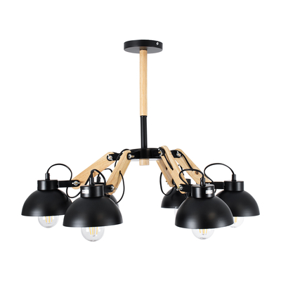 GloboStar® OLD SCHOOL 01094 Μοντέρνο Φωτιστικό Οροφής Καμπάνα Πολύφωτο 6 x E27 IP20 Μαύρο Μέταλλο με Μπεζ Ξύλο - Μ75 x Π75 x Υ40cm