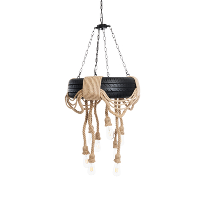GloboStar® MARBELLA 01116 Vintage Κρεμαστό Φωτιστικό Ανάρτηση Πολύφωτο 8 x E27 IP20 Μαύρο Πλαστικό με Μπεζ Σχοινί - Μ60 x Π60 x Υ60cm