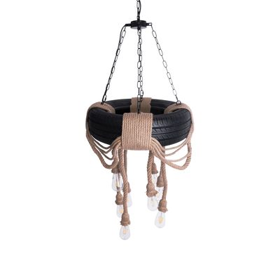 GloboStar® MARBELLA 01116 Vintage Κρεμαστό Φωτιστικό Ανάρτηση Πολύφωτο 8 x E27 IP20 Μαύρο Πλαστικό με Μπεζ Σχοινί - Μ60 x Π60 x Υ60cm