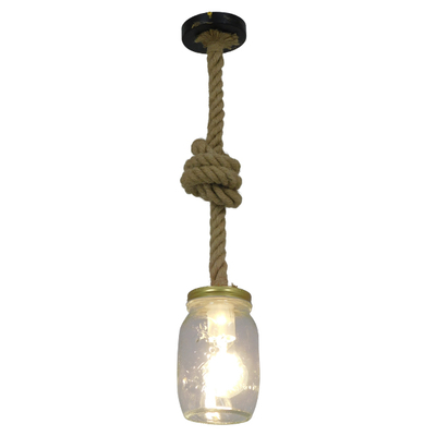 GloboStar® JAM 01128 Vintage Κρεμαστό Φωτιστικό Ανάρτηση Μονόφωτο 1 x E27 IP20 Διάφανο Γυαλί με Μπεζ Σχοινί - Μ11 x Π11 x Υ120cm