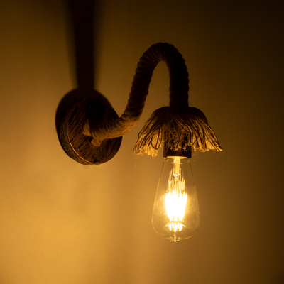 GloboStar® FLEDI 01134 Vintage Επιτοίχιο Φωτιστικό Απλίκα Μονόφωτο 1 x E27 IP20 Χάλκινο Μέταλλο με Μπεζ Σχοινί - Μ10 x Π25 x Υ15cm