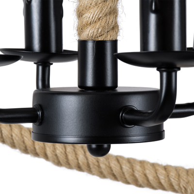 GloboStar® VITRUVIAN 01141 Vintage Κρεμαστό Φωτιστικό Ανάρτηση Πολύφωτο 4 x E14 IP20 Μαύρο Μέταλλο με Μπεζ Σχοινί - Μ53 x Π53 x Υ53cm