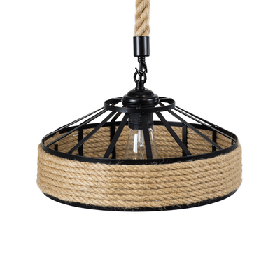 GloboStar® SAHARA 01146 Vintage Κρεμαστό Φωτιστικό Καμπάνα Μονόφωτο 1 x E27 IP20 Μαύρο Μέταλλο με Μπεζ Σχοινί - Μ31 x Π31 x Υ14cm