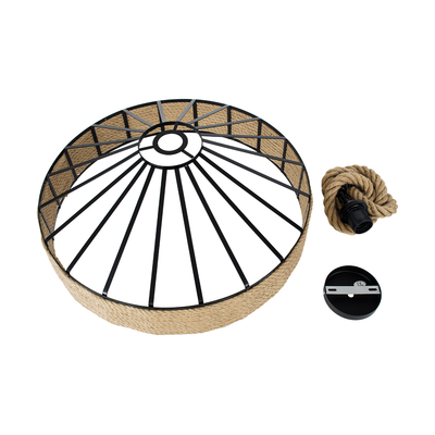 GloboStar® POLI 01147 Vintage Κρεμαστό Φωτιστικό Καμπάνα Μονόφωτο 1 x E27 IP20 Μαύρο Μέταλλο με Μπεζ Σχοινί - Μ40 x Π40 x Υ32cm