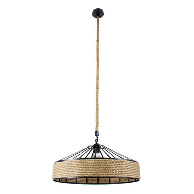 GloboStar® POLI 01147 Vintage Κρεμαστό Φωτιστικό Καμπάνα Μονόφωτο 1 x E27 IP20 Μαύρο Μέταλλο με Μπεζ Σχοινί - Μ40 x Π40 x Υ32cm