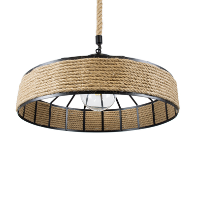 GloboStar® POLI 01147 Vintage Κρεμαστό Φωτιστικό Καμπάνα Μονόφωτο 1 x E27 IP20 Μαύρο Μέταλλο με Μπεζ Σχοινί - Μ40 x Π40 x Υ32cm