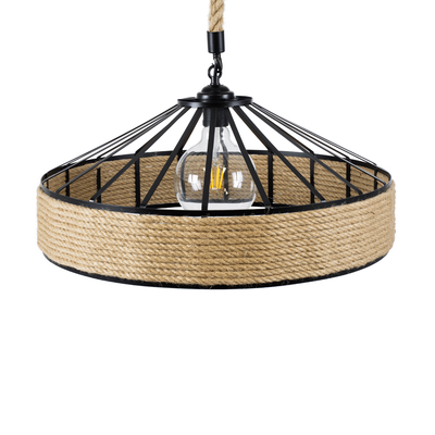 GloboStar® POLI 01147 Vintage Κρεμαστό Φωτιστικό Καμπάνα Μονόφωτο 1 x E27 IP20 Μαύρο Μέταλλο με Μπεζ Σχοινί - Μ40 x Π40 x Υ32cm