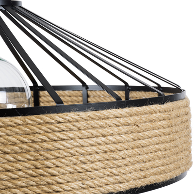 GloboStar® POLI 01147 Vintage Κρεμαστό Φωτιστικό Καμπάνα Μονόφωτο 1 x E27 IP20 Μαύρο Μέταλλο με Μπεζ Σχοινί - Μ40 x Π40 x Υ32cm