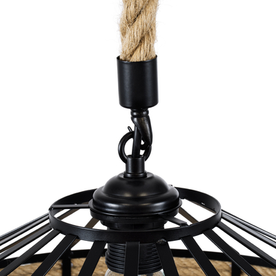 GloboStar® POLI 01147 Vintage Κρεμαστό Φωτιστικό Καμπάνα Μονόφωτο 1 x E27 IP20 Μαύρο Μέταλλο με Μπεζ Σχοινί - Μ40 x Π40 x Υ32cm