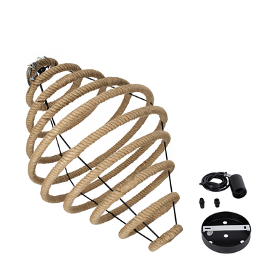 GloboStar® MELISSA 01158 Vintage Κρεμαστό Φωτιστικό Ανάρτηση Μονόφωτο 1 x E27 IP20 Μαύρο Μέταλλο με Μπεζ Σχοινί - Μ48 x Π48 x Υ73cm