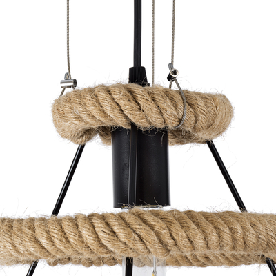 GloboStar® MELISSA 01158 Vintage Κρεμαστό Φωτιστικό Ανάρτηση Μονόφωτο 1 x E27 IP20 Μαύρο Μέταλλο με Μπεζ Σχοινί - Μ48 x Π48 x Υ73cm