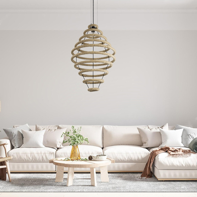 GloboStar® MELISSA 01158 Vintage Κρεμαστό Φωτιστικό Ανάρτηση Μονόφωτο 1 x E27 IP20 Μαύρο Μέταλλο με Μπεζ Σχοινί - Μ48 x Π48 x Υ73cm