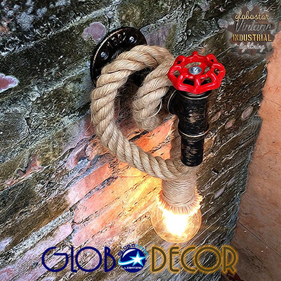 GloboStar® TROUVER 01183 Vintage Επιτοίχιο Φωτιστικό Απλίκα Μονόφωτο 1 x E27 IP20 Μπρούτζινο & Κόκκινο Μέταλλο με Μπεζ Σχοινί Μ14.5 x Π3.3 x Υ16cm