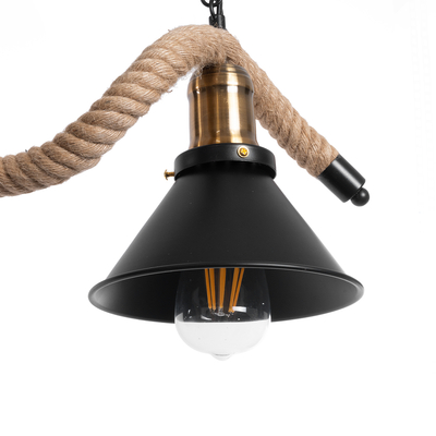 GloboStar® TYMEN 01189 Vintage Κρεμαστό Φωτιστικό Καμπάνα Τρίφωτο 3 x E27 IP20 Μαύρο Μέταλλο με Μπεζ Σχοινί - Μ85 x Π18.5 x Υ20cm