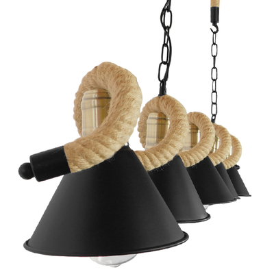 GloboStar® TYMEN 01190 Vintage Κρεμαστό Φωτιστικό Καμπάνα Πολύφωτο 5 x E27 IP20 Μαύρο Μέταλλο με Μπεζ Σχοινί - Μ150 x Π22 x Υ23cm