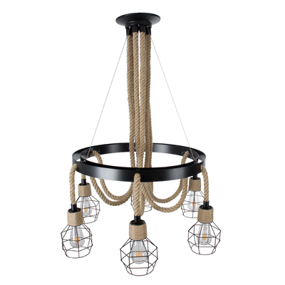 GloboStar® HELLET 01193 Vintage Κρεμαστό Φωτιστικό Πλέγμα Πολύφωτο 6 x E27 IP20 Μαύρο Μέταλλο, Πράσινο Πλαστικό με Μπεζ Σχοινί - Μ72 x Π72 x Υ80cm