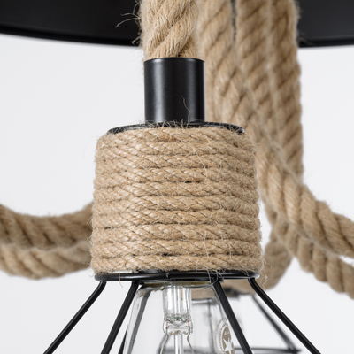 GloboStar® HELLET 01193 Vintage Κρεμαστό Φωτιστικό Πλέγμα Πολύφωτο 6 x E27 IP20 Μαύρο Μέταλλο, Πράσινο Πλαστικό με Μπεζ Σχοινί - Μ72 x Π72 x Υ80cm