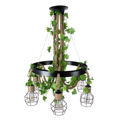 GloboStar® HELLET 01193 Vintage Κρεμαστό Φωτιστικό Πλέγμα Πολύφωτο 6 x E27 IP20 Μαύρο Μέταλλο, Πράσινο Πλαστικό με Μπεζ Σχοινί - Μ72 x Π72 x Υ80cm