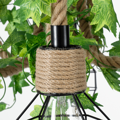 GloboStar® HELLET 01193 Vintage Κρεμαστό Φωτιστικό Πλέγμα Πολύφωτο 6 x E27 IP20 Μαύρο Μέταλλο, Πράσινο Πλαστικό με Μπεζ Σχοινί - Μ72 x Π72 x Υ80cm