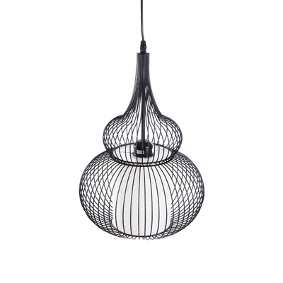 GloboStar® REA 01199 Μοντέρνο Κρεμαστό Φωτιστικό Πλέγμα Μονόφωτο 1 x E27 IP20 Μαύρο Μέταλλο με Λευκό Ύφασμα - Μ31 x Π31 x Υ42cm