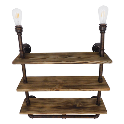 GloboStar® ENIMAS 01217 Vintage Επιτοίχιο Φωτιστικό Απλίκα Δίφωτο 2 x E27 IP20 Χάλκινο Μέταλλο με Μπεζ Ξύλο - Μ65 x Π23 x Υ76cm