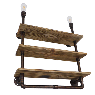 GloboStar® ENIMAS 01217 Vintage Επιτοίχιο Φωτιστικό Απλίκα Δίφωτο 2 x E27 IP20 Χάλκινο Μέταλλο με Μπεζ Ξύλο - Μ65 x Π23 x Υ76cm