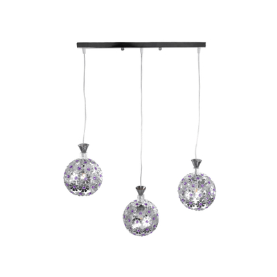GloboStar® BOUQUET 01249 Μοντέρνο Κρεμαστό Φωτιστικό Μπάλα Τρίφωτο 3 x E27 IP20 Ασημί Μέταλλο με Μωβ Κρύσταλλο - Μ66 x Π19 x Υ24cm