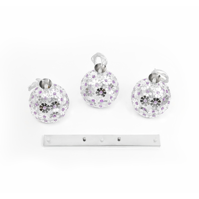 GloboStar® BOUQUET 01249 Μοντέρνο Κρεμαστό Φωτιστικό Μπάλα Τρίφωτο 3 x E27 IP20 Ασημί Μέταλλο με Μωβ Κρύσταλλο - Μ66 x Π19 x Υ24cm