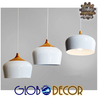 GloboStar® VILI 01260 Μοντέρνο Κρεμαστό Φωτιστικό Καμπάνα Μονόφωτο 1 x E27 IP20 Λευκό Μέταλλο με Μπεζ Ξύλο - Μ35 x Π35 x Υ27cm