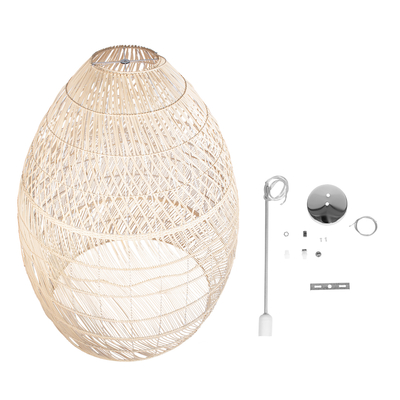 GloboStar® MALIBU 01813 Boho Κρεμαστό Φωτιστικό Καμπάνα Μονόφωτο 1 x E27 IP20 Μπεζ Ξύλο - Μ120 x Π120 x Υ156cm