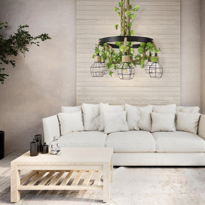 GloboStar® HELLET 01193 Vintage Κρεμαστό Φωτιστικό Πλέγμα Πολύφωτο 6 x E27 IP20 Μαύρο Μέταλλο, Πράσινο Πλαστικό με Μπεζ Σχοινί - Μ72 x Π72 x Υ80cm