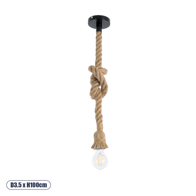 GloboStar® ROPE 01278 Vintage Κρεμαστό Φωτιστικό Ανάρτηση Μονόφωτο 1 x E27 IP20 Μπεζ Σχοινί - Μ3.5 x Π3.5 x Y100cm
