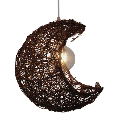 GloboStar® CRESCENT 01330 Vintage Κρεμαστό Φωτιστικό Πλέγμα Μονόφωτο 1 x E27 IP20 Καφέ Rattan - Μ30 x Π20 x Υ35cm