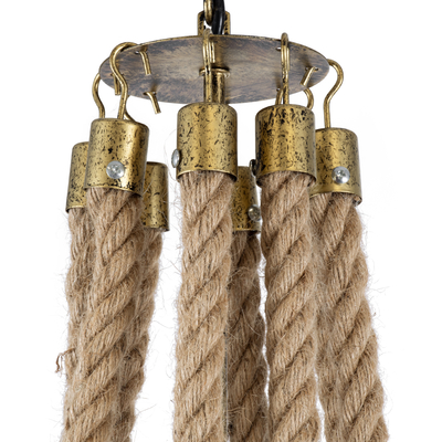GloboStar® BAVARIAN 01405 Vintage Κρεμαστό Φωτιστικό Ανάρτηση Πολύφωτο 8 x E14 IP20 Μπρούτζινο Μέταλλο με Μπεζ Σχοινί - Μ87 x Π87 x Y80cm