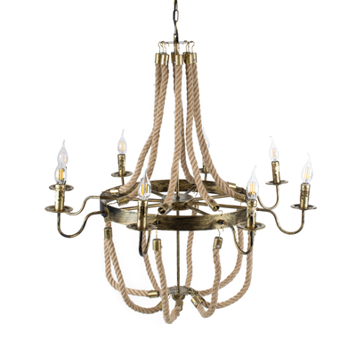 GloboStar® BAVARIAN 01405 Vintage Κρεμαστό Φωτιστικό Ανάρτηση Πολύφωτο 8 x E14 IP20 Μπρούτζινο Μέταλλο με Μπεζ Σχοινί - Μ87 x Π87 x Y80cm