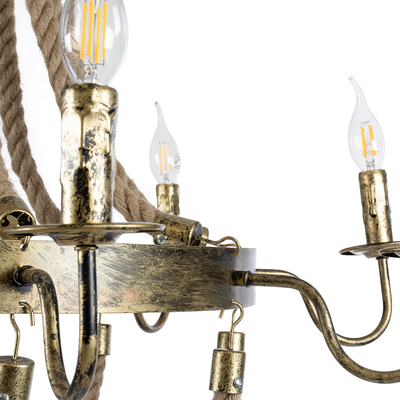 GloboStar® BAVARIAN 01405 Vintage Κρεμαστό Φωτιστικό Ανάρτηση Πολύφωτο 8 x E14 IP20 Μπρούτζινο Μέταλλο με Μπεζ Σχοινί - Μ87 x Π87 x Y80cm