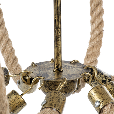 GloboStar® BAVARIAN 01405 Vintage Κρεμαστό Φωτιστικό Ανάρτηση Πολύφωτο 8 x E14 IP20 Μπρούτζινο Μέταλλο με Μπεζ Σχοινί - Μ87 x Π87 x Y80cm