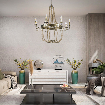 GloboStar® BAVARIAN 01405 Vintage Κρεμαστό Φωτιστικό Ανάρτηση Πολύφωτο 8 x E14 IP20 Μπρούτζινο Μέταλλο με Μπεζ Σχοινί - Μ87 x Π87 x Y80cm