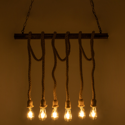 GloboStar® RAILROAD 01379 Vintage Κρεμαστό Φωτιστικό Ράγα Πολύφωτο 6 x E27 IP20 Χάλκινο Μέταλλο με Μπεζ Σχοινί - Μ80 x Π4 x Y55cm