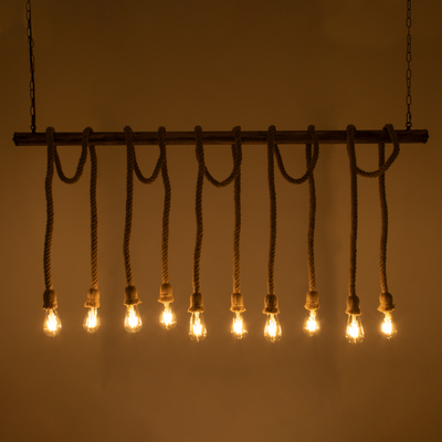 GloboStar® RAILROAD 01380 Vintage Κρεμαστό Φωτιστικό Ράγα Πολύφωτο 10 x E27 IP20 Χάλκινο Μέταλλο με Μπεζ Σχοινί - Μ150 x Π4 x Y62.5cm