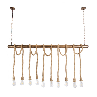GloboStar® RAILROAD 01380 Vintage Κρεμαστό Φωτιστικό Ράγα Πολύφωτο 10 x E27 IP20 Χάλκινο Μέταλλο με Μπεζ Σχοινί - Μ150 x Π4 x Y62.5cm