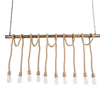 GloboStar® RAILROAD 01380 Vintage Κρεμαστό Φωτιστικό Ράγα Πολύφωτο 10 x E27 IP20 Χάλκινο Μέταλλο με Μπεζ Σχοινί - Μ150 x Π4 x Y62.5cm