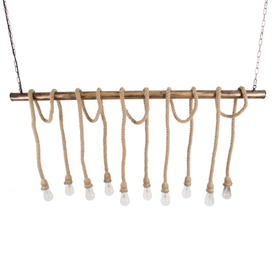 GloboStar® RAILROAD 01380 Vintage Κρεμαστό Φωτιστικό Ράγα Πολύφωτο 10 x E27 IP20 Χάλκινο Μέταλλο με Μπεζ Σχοινί - Μ150 x Π4 x Y62.5cm