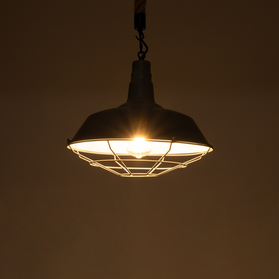 GloboStar® CRANE 01411 Vintage Κρεμαστό Φωτιστικό Μονόφωτο Καμπάνα 1 x E27 IP20 Γκρι & Λευκό Μέταλλο με Μπεζ Σχοινί - Μ36 x Π36 x Y31cm