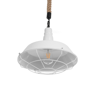 GloboStar® PUPPET 01412 Vintage Κρεμαστό Φωτιστικό Μονόφωτο Καμπάνα 1 x E27 IP20 Λευκό Μεταλλο με Μπεζ Σχοινί - Μ36 x Π36 x Y31cm