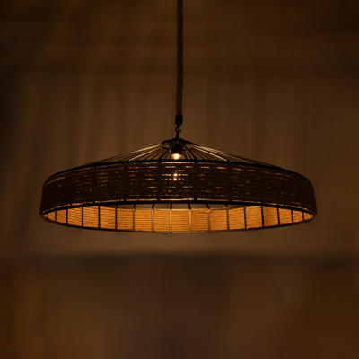 GloboStar® SAHARA 01416 Moντέρνο Κρεμαστό Φωτιστικό Καπέλο Μονόφωτο 1 x E27 IP20 Μαύρο Μέταλλο με Μπεζ Σχοινί - Μ80 x Π80 x Y25cm