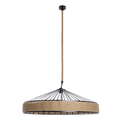 GloboStar® SAHARA 01416 Moντέρνο Κρεμαστό Φωτιστικό Καπέλο Μονόφωτο 1 x E27 IP20 Μαύρο Μέταλλο με Μπεζ Σχοινί - Μ80 x Π80 x Y25cm